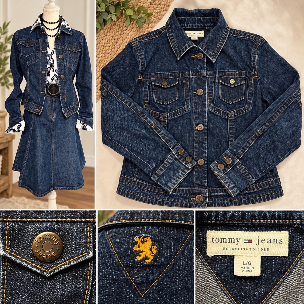 Tommy Jeans Denim Jacket Large Blue Cotton Vintage Trucker Lion Crest Logo